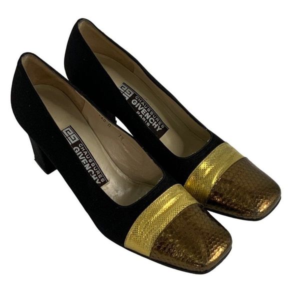Givenchy 7.5 B Italy Vintage Square Toe Block Heel Shoes Pumps Metallic 6217 - Picture 4 of 11
